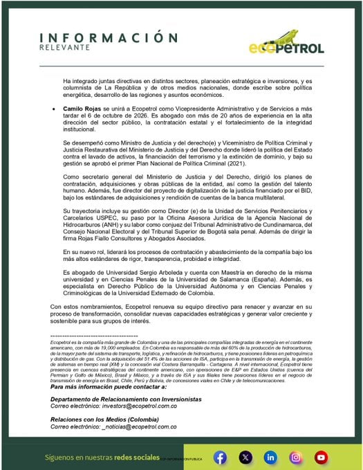 Ecopetrol renueva su equipo directivo con tres nuevos vicepresidentes.