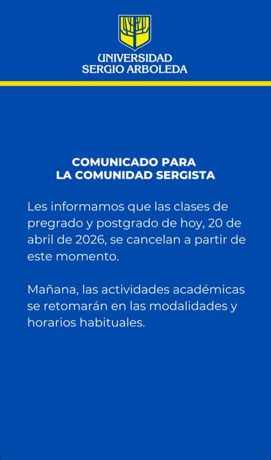 Comunicado oficial de suspensión de clases.