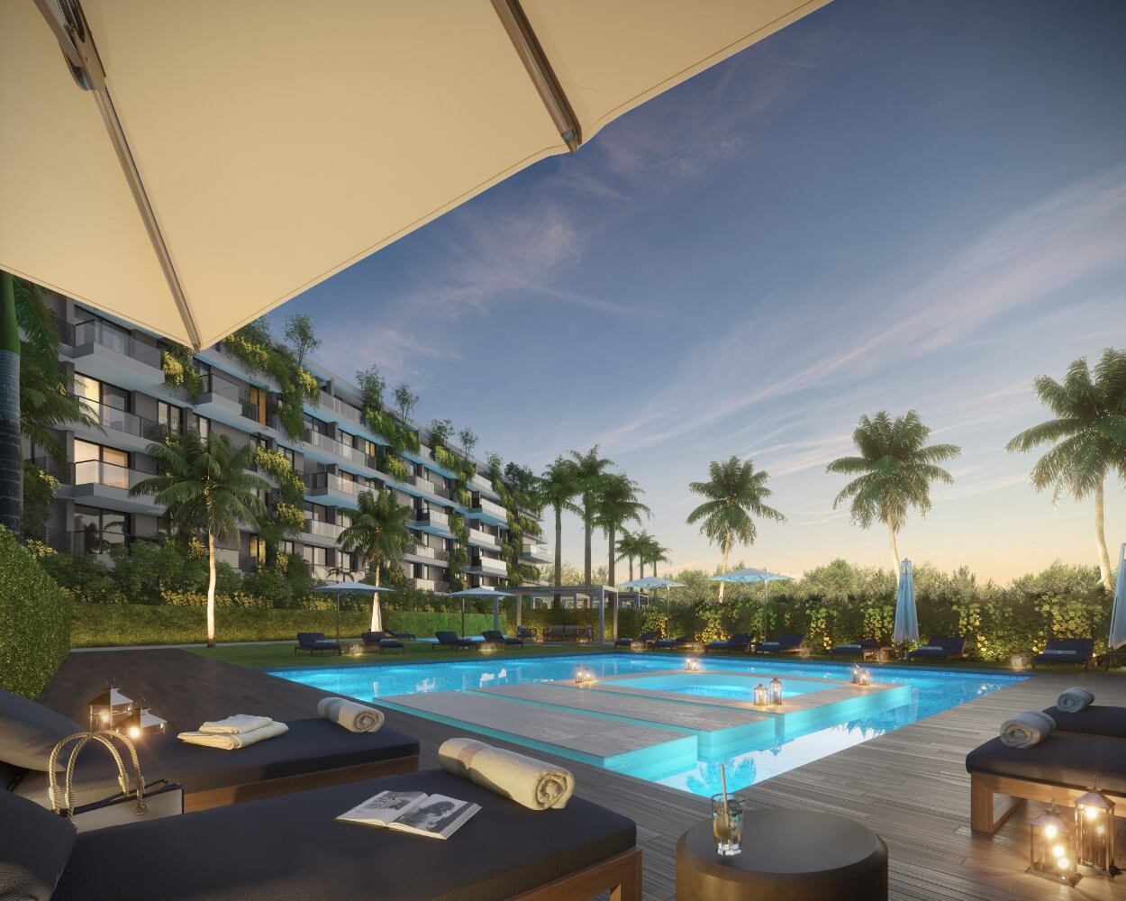 Oasis de palmeras y piscinas.