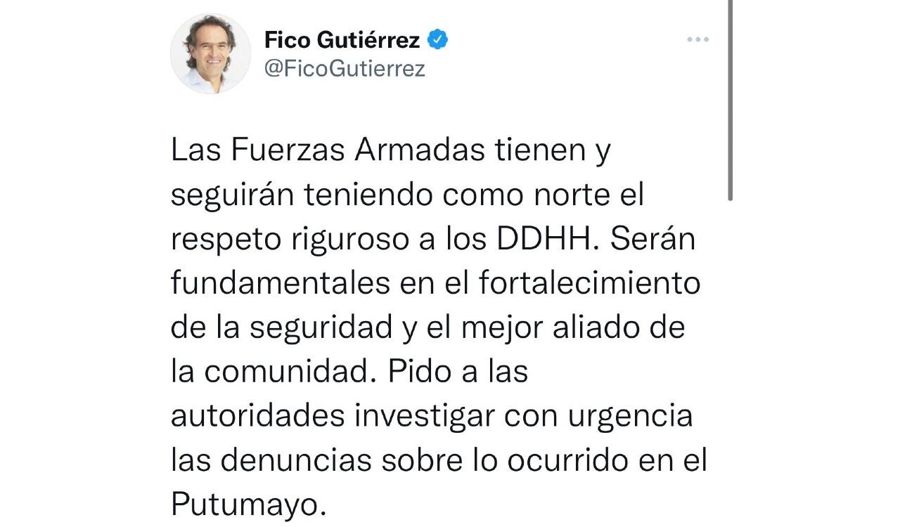 Fico Gutiérrez mostró su postura sobre el operativo del Ejército Nacional en Putumayo