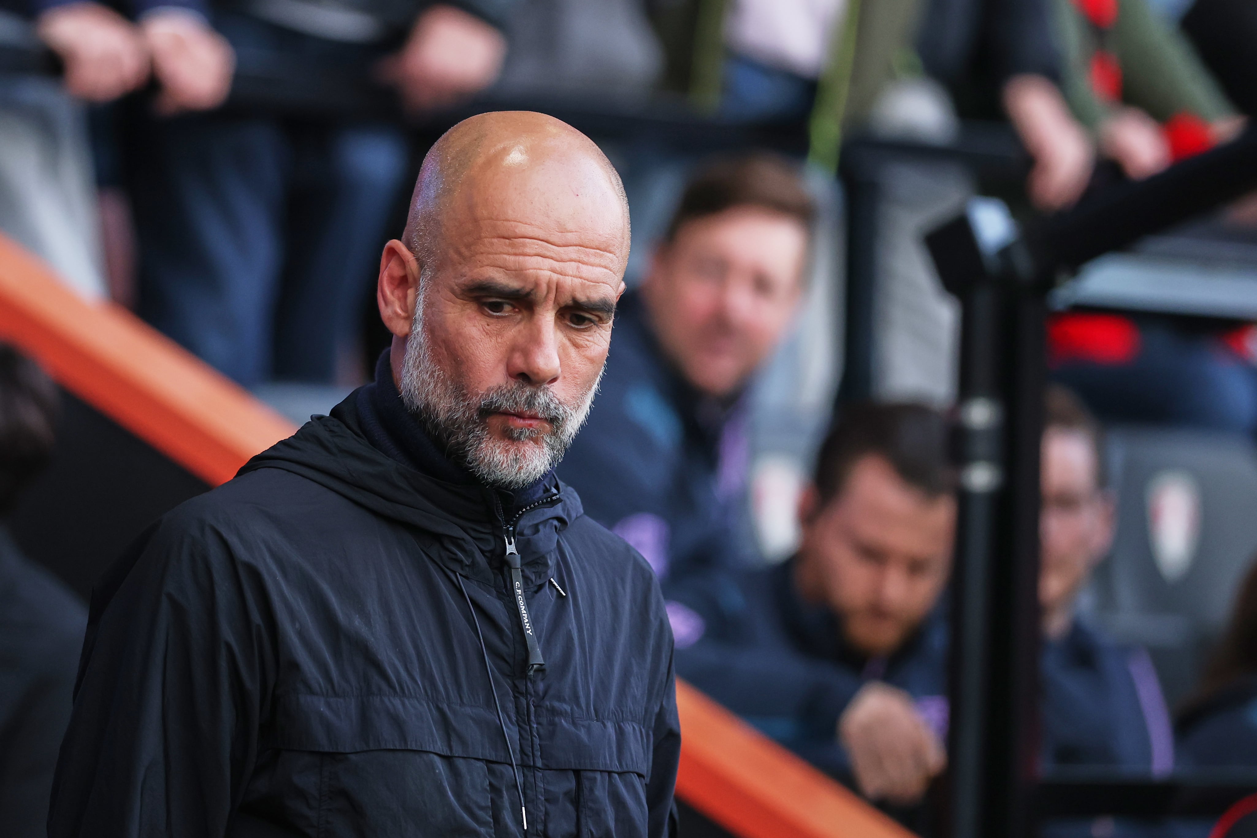 Manchester City's head coach Pep Guardiola waits for the start of the English Premier League soccer match between AFC Bournemouth and Manchester City in Bournemouth, England, Tuesday, May 19, 2026. (AP Photo/Ian Walton)