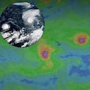 Imágen de los 3 huracanes, Lowell, Karina y Marie que coincidieron como sistemas activos sobre el océano Pacífico, en un episodio asociado a las condiciones generadas por el fenómeno de El Niño
