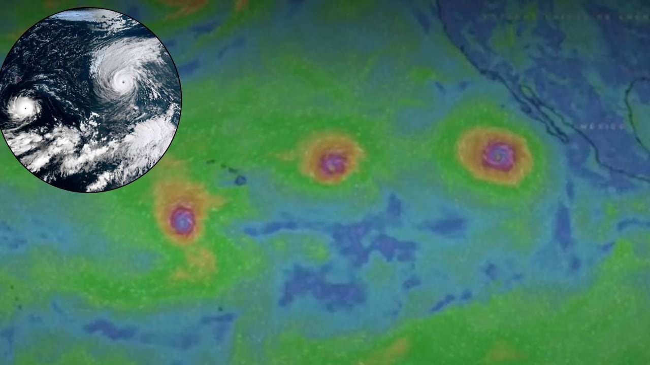 Imágen de los 3 huracanes, Lowell, Karina y Marie que coincidieron como sistemas activos sobre el océano Pacífico, en un episodio asociado a las condiciones generadas por el fenómeno de El Niño
