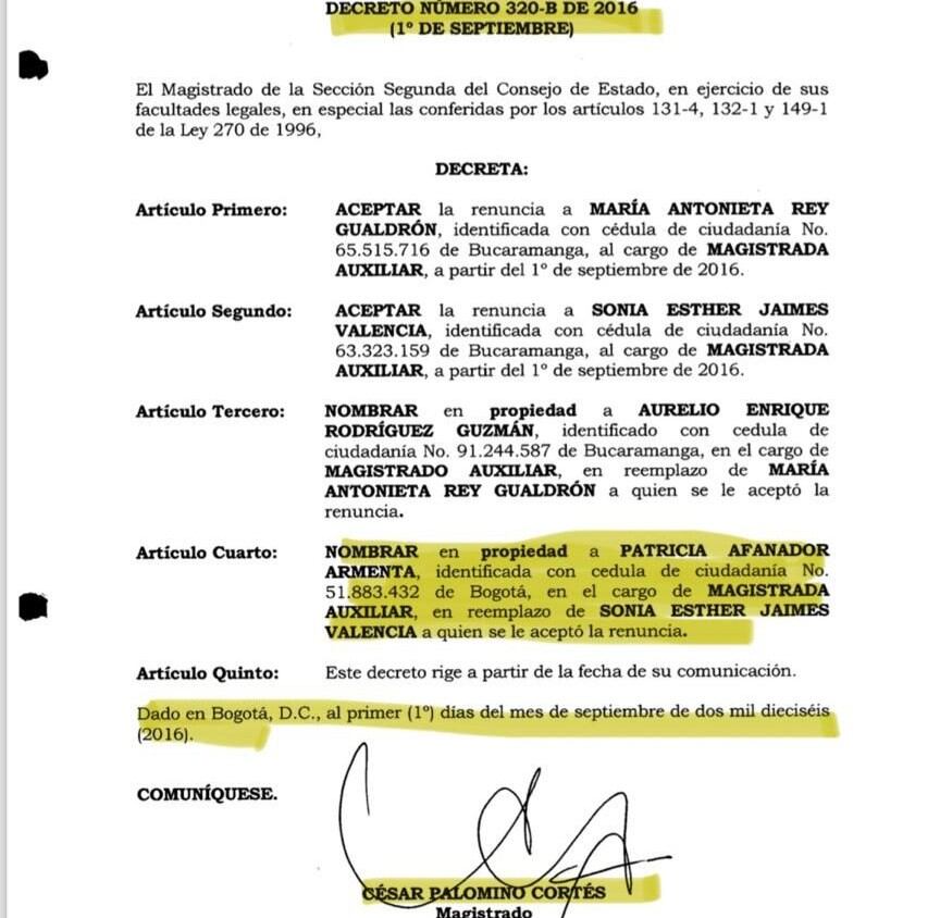 Nombramiento de la candidata Patricia Afanador como magistrada auxiliar del exconsejero Cesar Palomino.