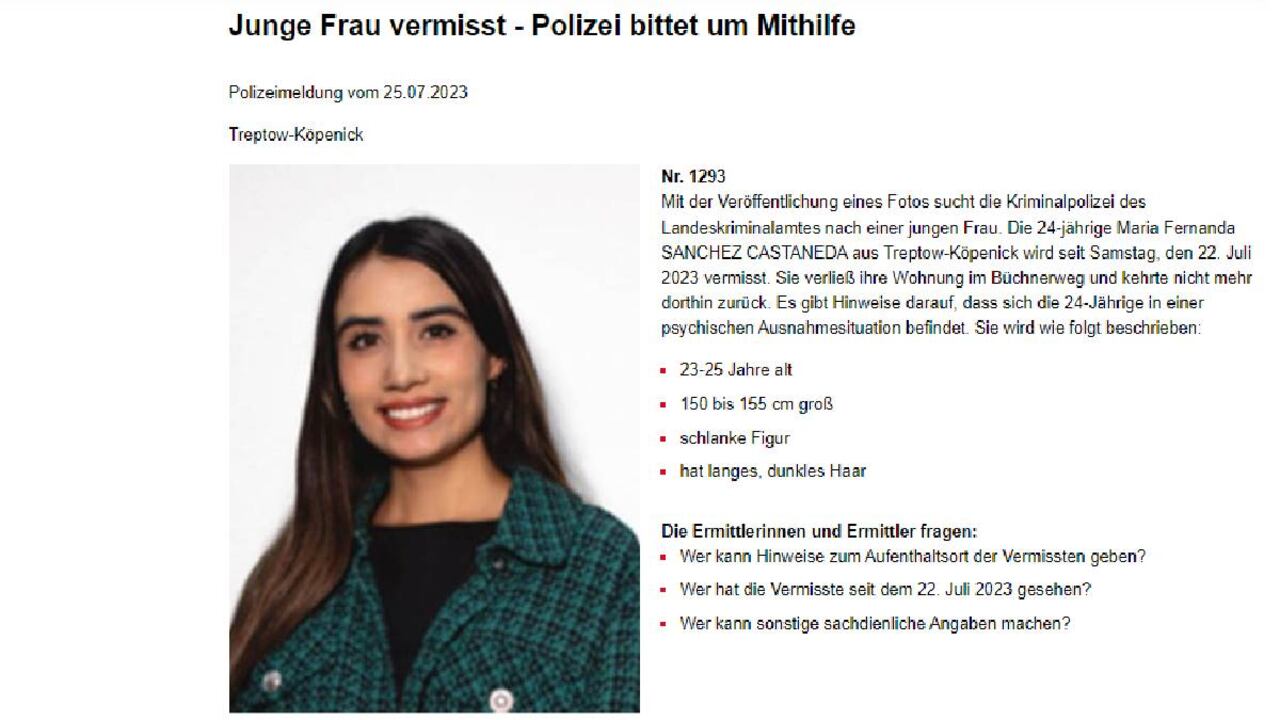 Las autoridades emitieron un comunicado de búsqueda en Berlín para encontrar a la mujer que lleva desaparecida 2 meses.