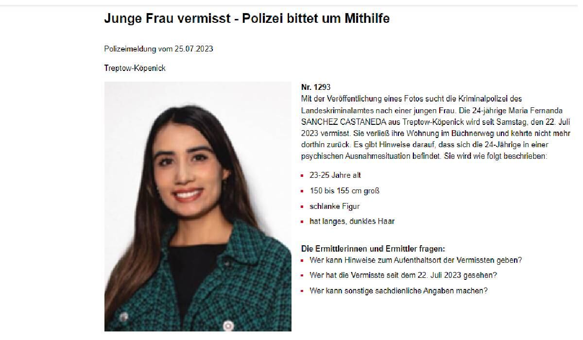 Las autoridades emitieron un comunicado de búsqueda en Berlín para encontrar a la mujer que lleva desaparecida 2 meses.