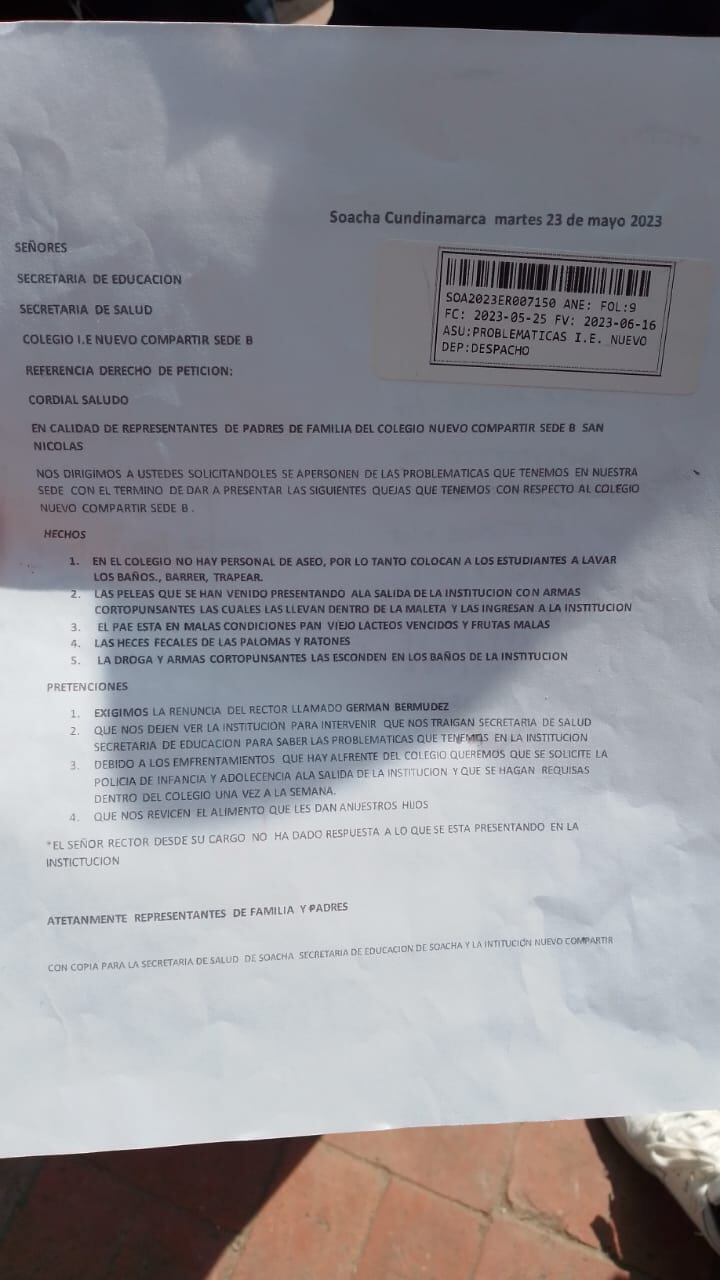 Derecho de petición radicado ante la Secretaría de Educación.