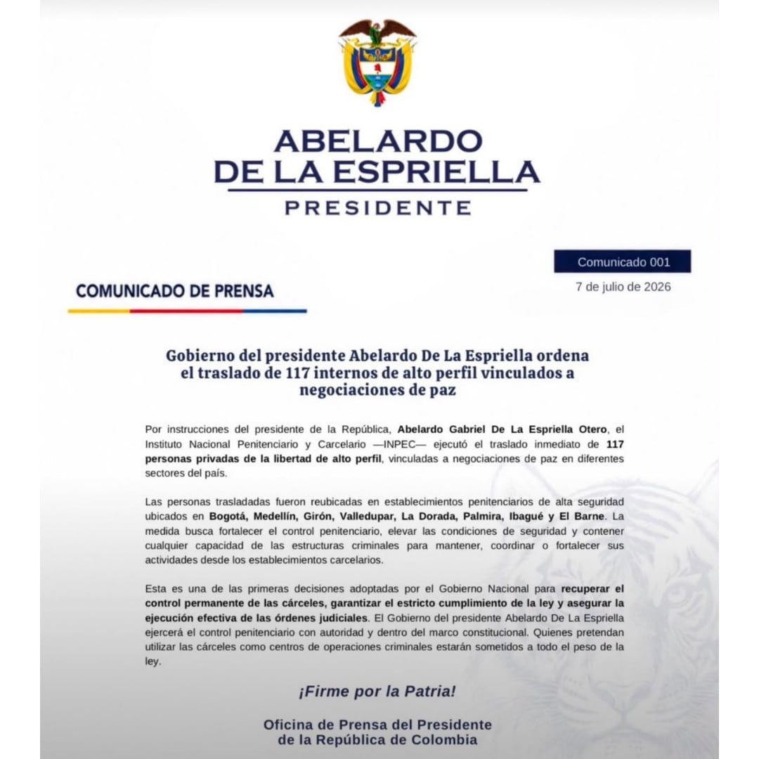 Comunicado del presidente De La Espriella para solicitar el traslado de los presos a 8 diferentes centros penitenciarios de alta seguridad.
