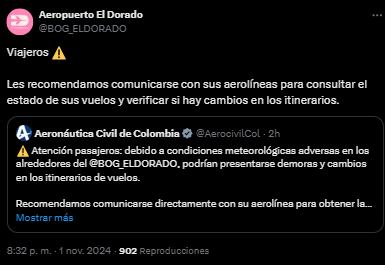 A través de sus canales oficiales, el Aeropuerto El Dorado recomienda a los pasajeros que verifiquen el estado de sus itinerarios, ya que este domingo se llevará a cabo un cierre temporal del espacio aéreo que afectará las operaciones de vuelo.