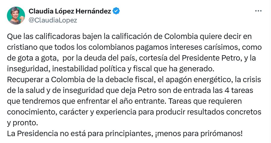 Claudia López se pronunció por rebaja de calificación de Moody's a Colombia.