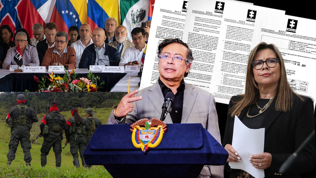 En la foto aparecen el presidente de la República, Gustavo Petro, y la fiscal General, Luz Adriana Camargo. En el fondo de la imagen una reunión de las delegaciones de paz del Gobierno nacional y el ELN.