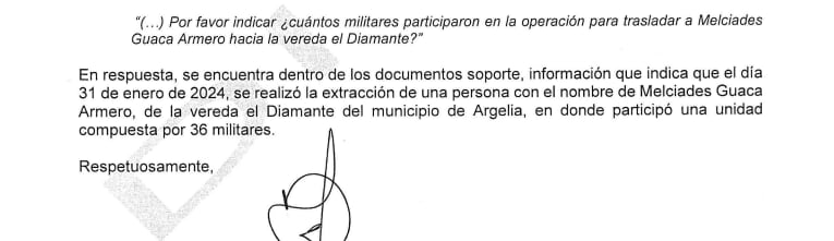 Respuesta del Ejército donde reconoce que se destinaron 36 militares en el operativo de liberación un presunto traficante de cocaína.