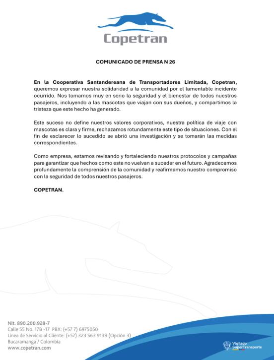 El comunicado de Copetran