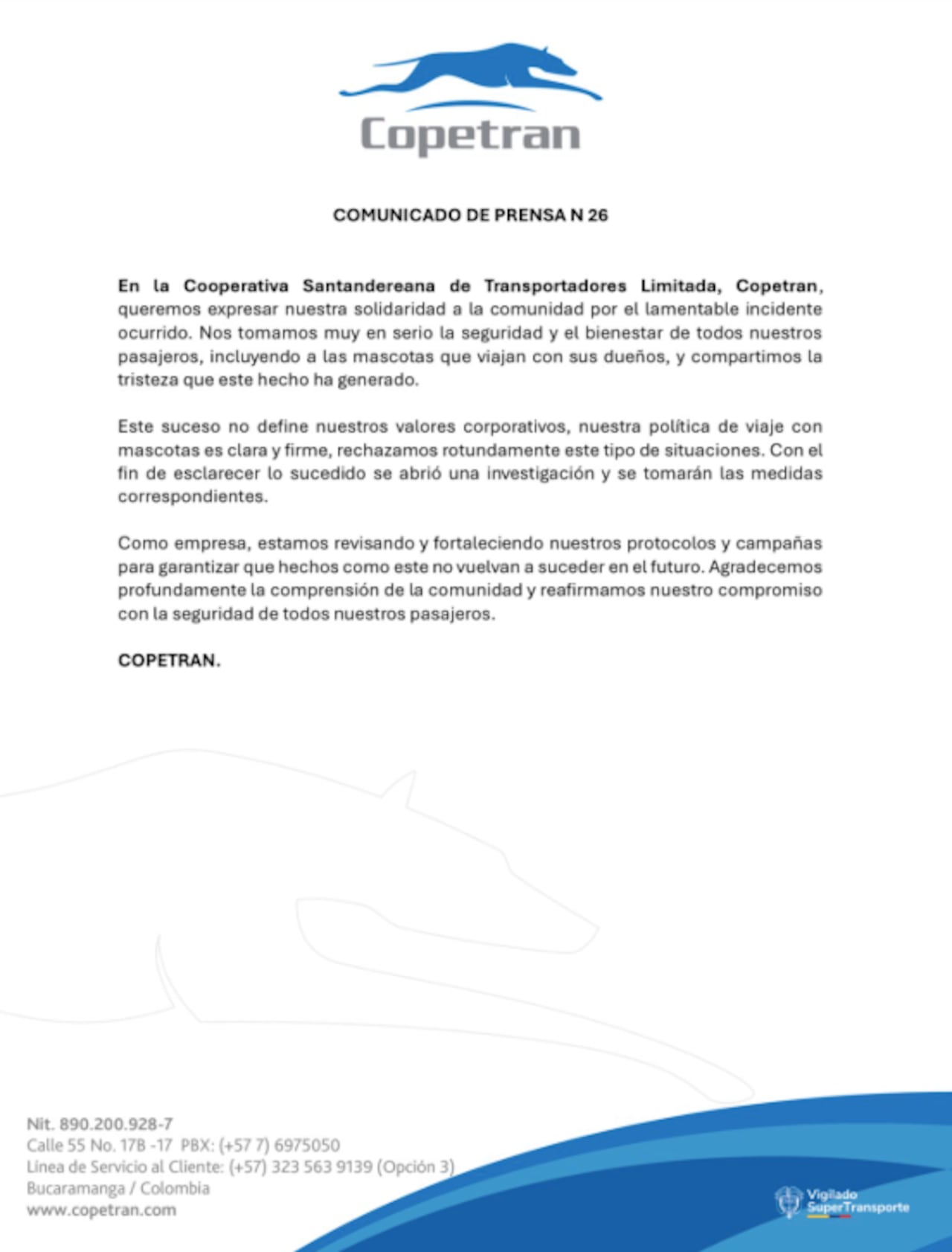 El comunicado de Copetran