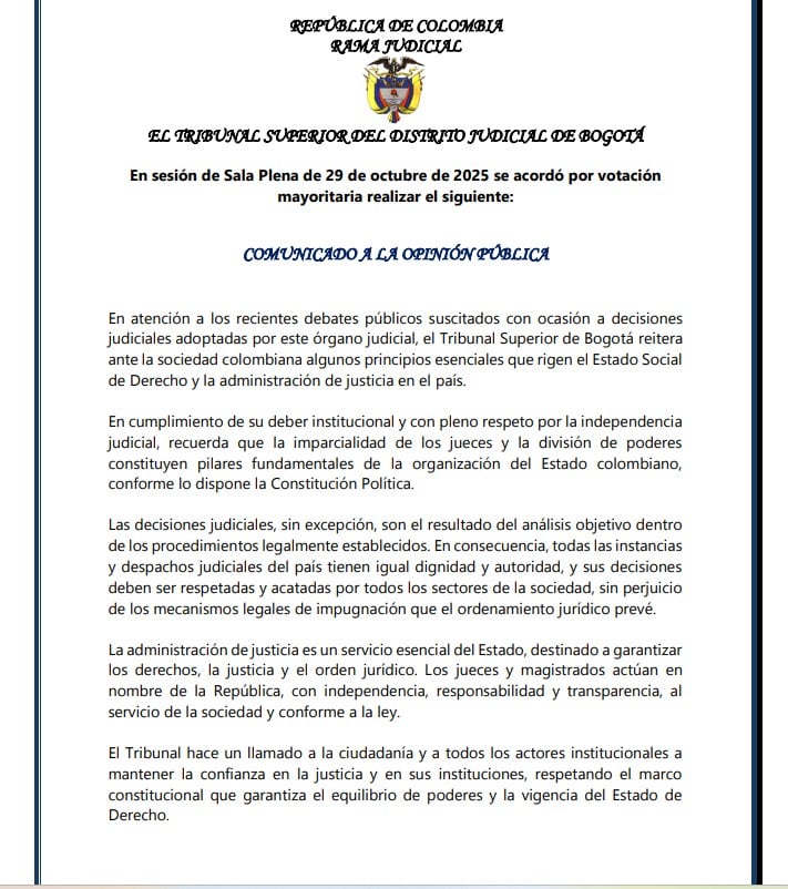 Comunicado del Tribunal Superior de Bogotá.