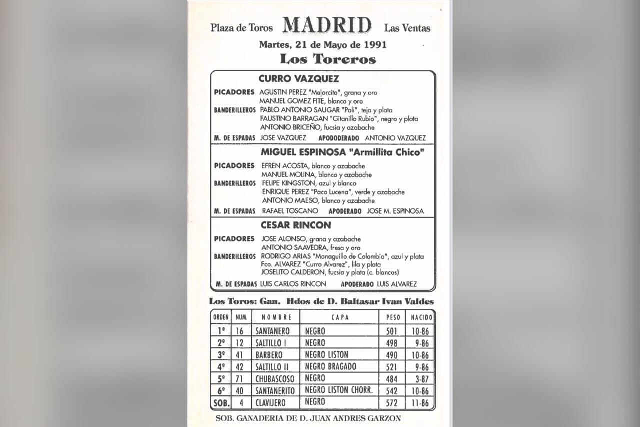 Cartel Plaza de Toros Las Ventas. 21 de mayo de 1991. Madrid (España)