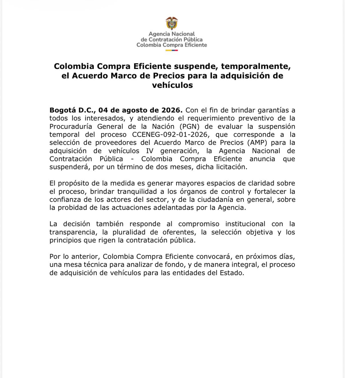 Comunicado de la Agencia Nacional de Contratación Pública Colombia Compra Eficiente