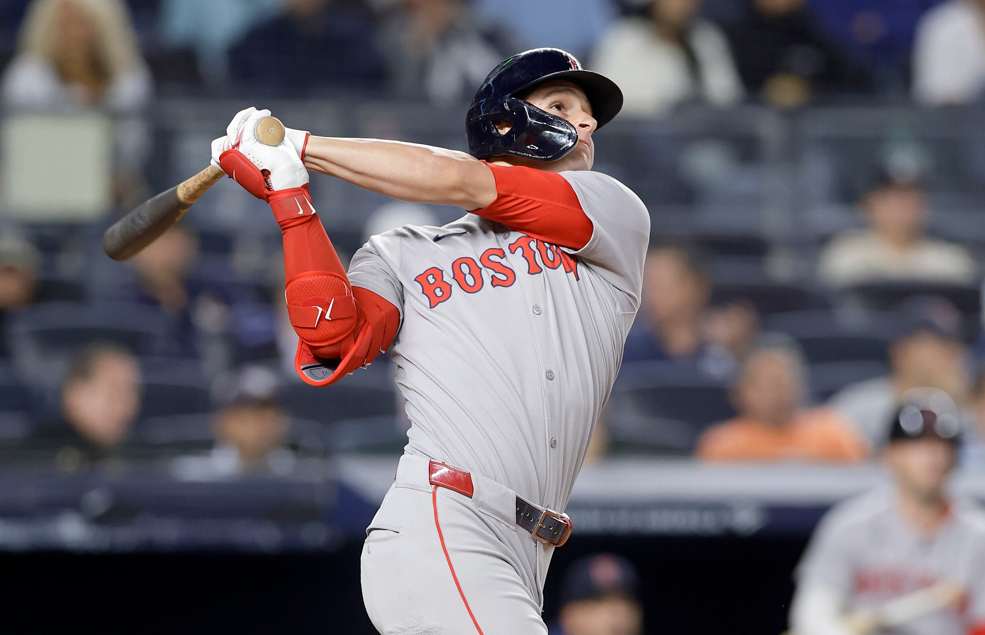 NEW YORK, NEW YORK - AUGUST 21:  Roman Anthony #19 of the Boston Red Sox hits a two-run home run in the ninth inning against the New York Yankees at Yankee Stadium on August 21, 2025 in New York City. (Photo by Jim McIsaac/Getty Images)