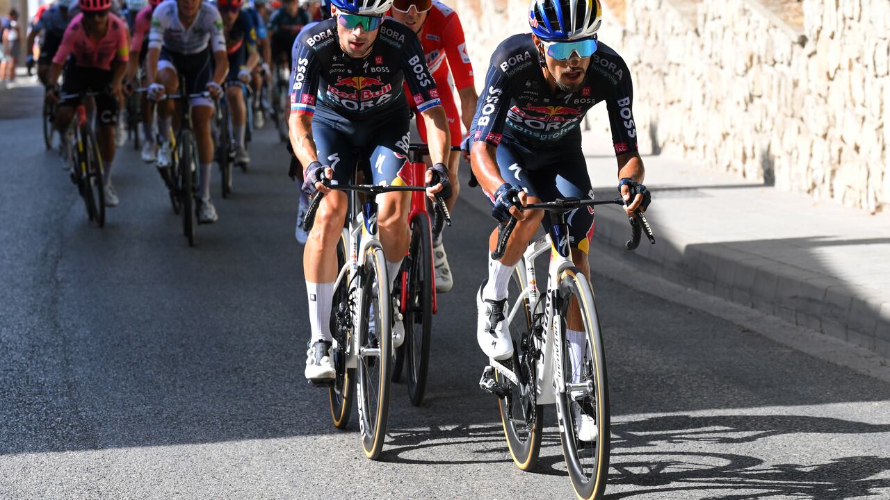 CAZORLA, SPAIN - AUGUST 24: (L-R) Primoz Roglic of Slovenia and Daniel Martinez of Colombia and Team Red Bull Bora - hansgrohe compete during the La Vuelta - 79th Tour of Spain 2024, Stage 8 a159km stage from Ubeda to Cazorla 1056m / #UCIWT / on August 24, 2024 in Cazorla, Spain. (Photo by Tim de Waele/Getty Images)