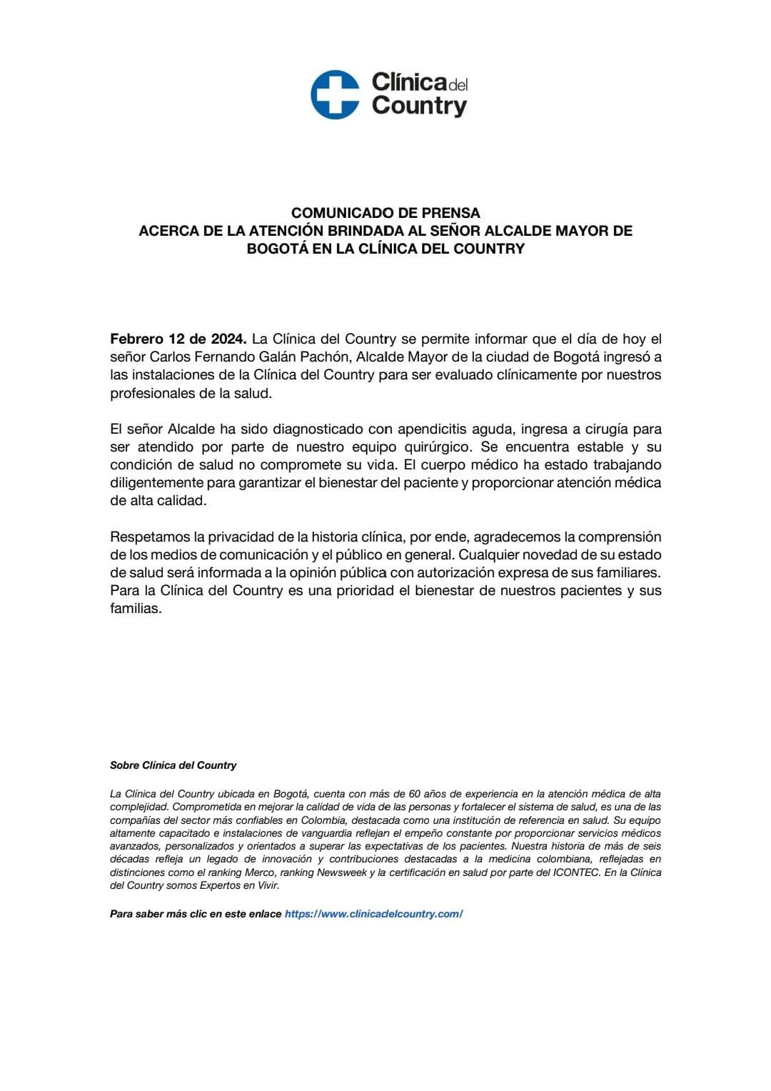 Comunicado Clínica Country - Alcalde Carlos Fernando Galán, cirugía de apéndice.