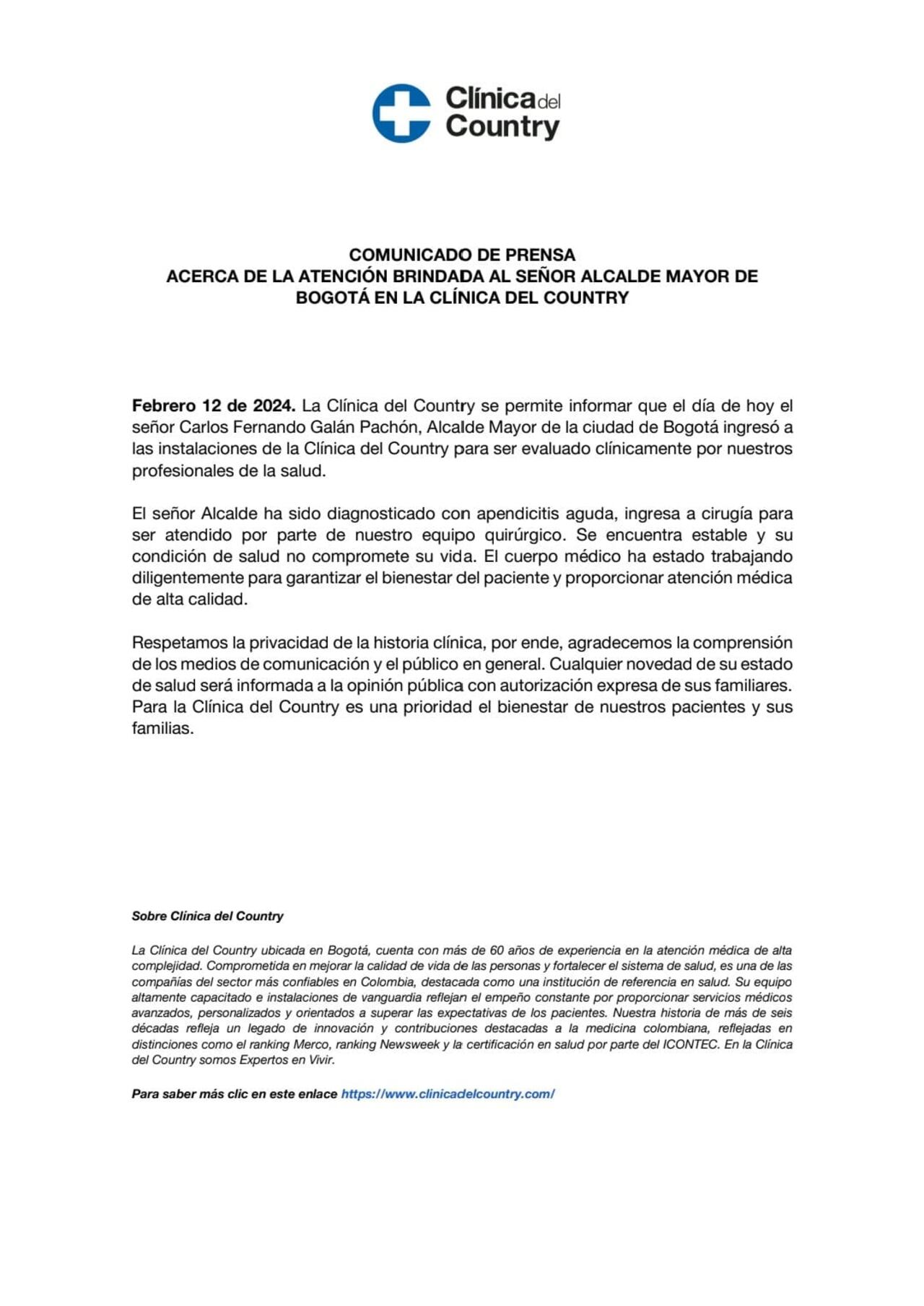 Comunicado Clínica Country - Alcalde Carlos Fernando Galán, cirugía de apéndice.