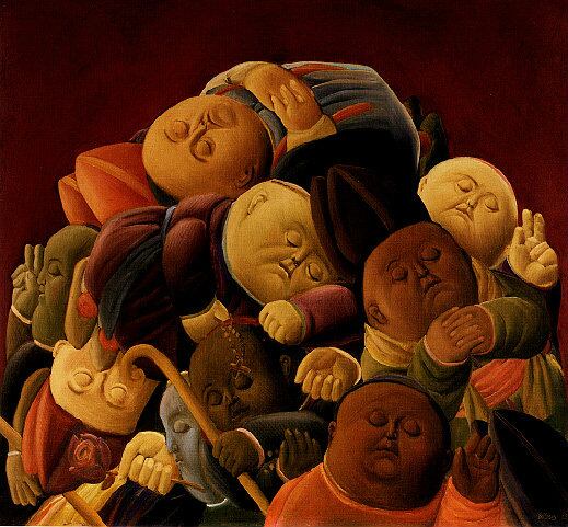 'Obispos Muertos' de Fernando Botero. Óleo sobre lienzo, 1958.