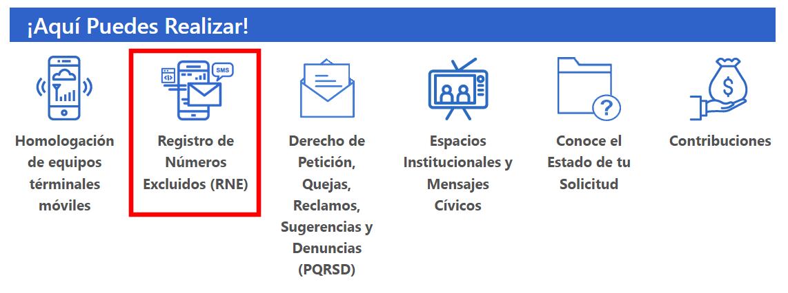 Registro de Números Excluidos (RNE) de la página de Tramites CRC