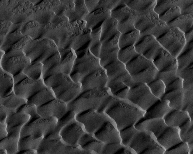 Dunas de media luna en Nili Patera en Marte, compuestas principalmente de arena basáltica.