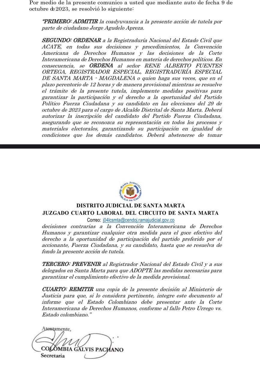 La decisión judicial en favor de Carmen Patricia Caicedo.