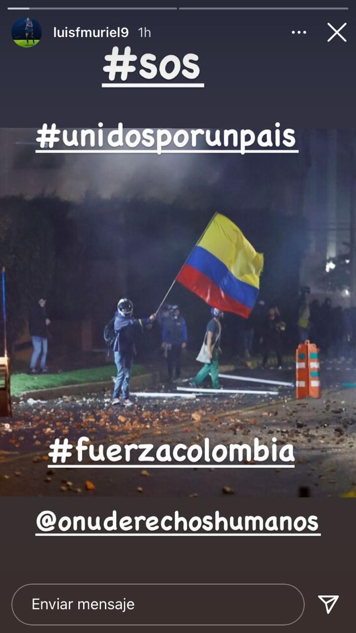 Luis Fernando Muriel se sumó a los deportistas que piden una solución para la situación que vive Colombia. Foto: Captura de pantalla historia - Instagram Luis Fernando Muriel