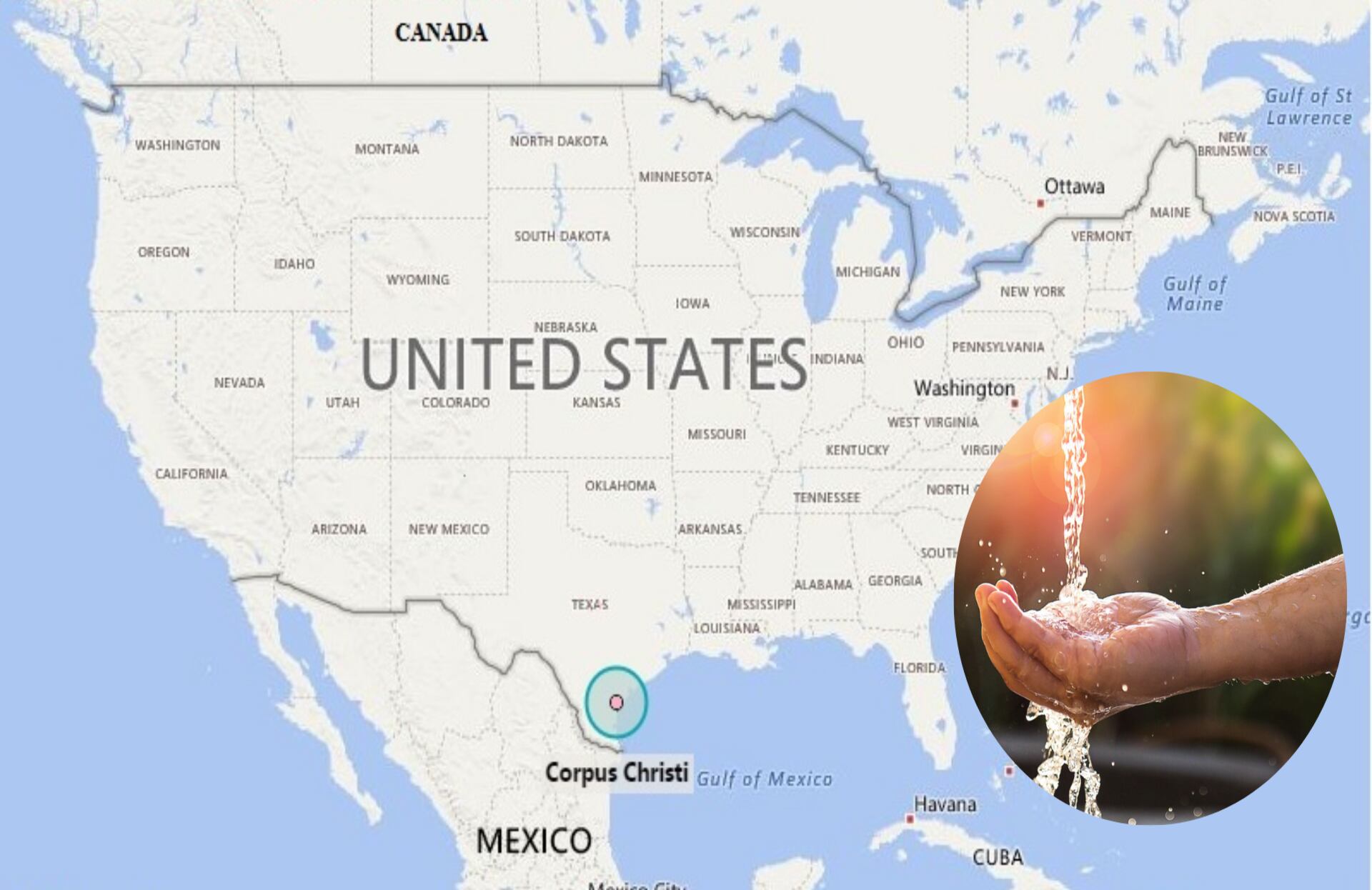 Ubicación geográfica de Corpus Christi, Texas, en el contexto del mapa de los Estados Unidos y de su área metropolitana, punto de partida para entender la crisis de agua que enfrenta.