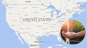 Ubicación geográfica de Corpus Christi, Texas, en el contexto del mapa de los Estados Unidos y de su área metropolitana, punto de partida para entender la crisis de agua que enfrenta.