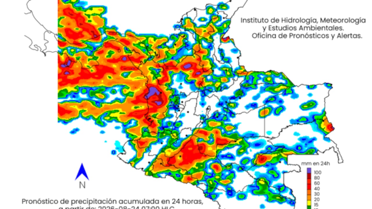 Pronóstico de precipitación acumulada en 24 horas para el lunes 24 de agosto de 2026.