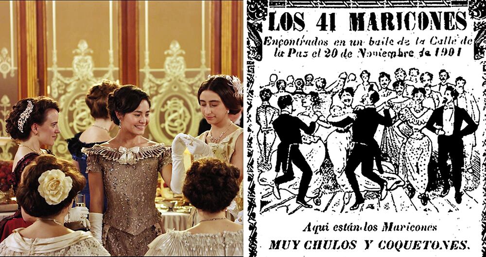    Aunque el régimen trató de silenciar el escándalo, la prensa lo registró en páginas satíricas, como esta del periódico Hoja Suelta, en la que aparecen los 41, mitad vestidos de frac, y mitad, de travestis. 
