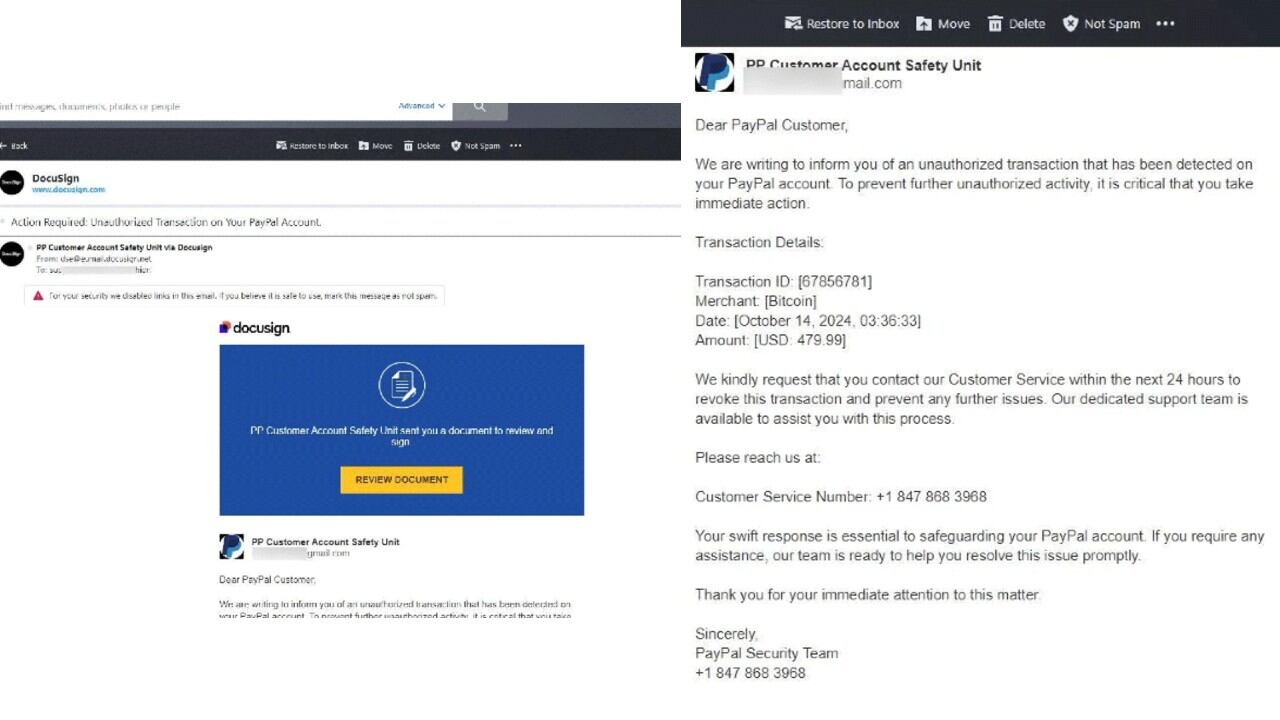 Ejemplo de estafa que abusa de la confianza de la gente en Docusign para robar datos.