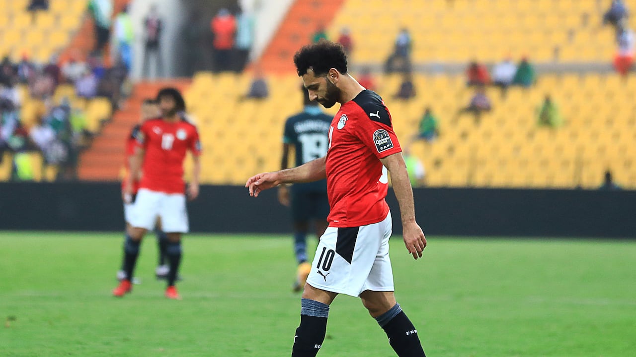 Egypt's forward Mohamed Salah reacts during the Group D Africa Cup of Nations (CAN) 2021 football match between Nigeria and Egypt at Stade Roumde Adjia in Garoua on January 11, 2022. (Photo by Daniel BELOUMOU OLOMO / AFP)