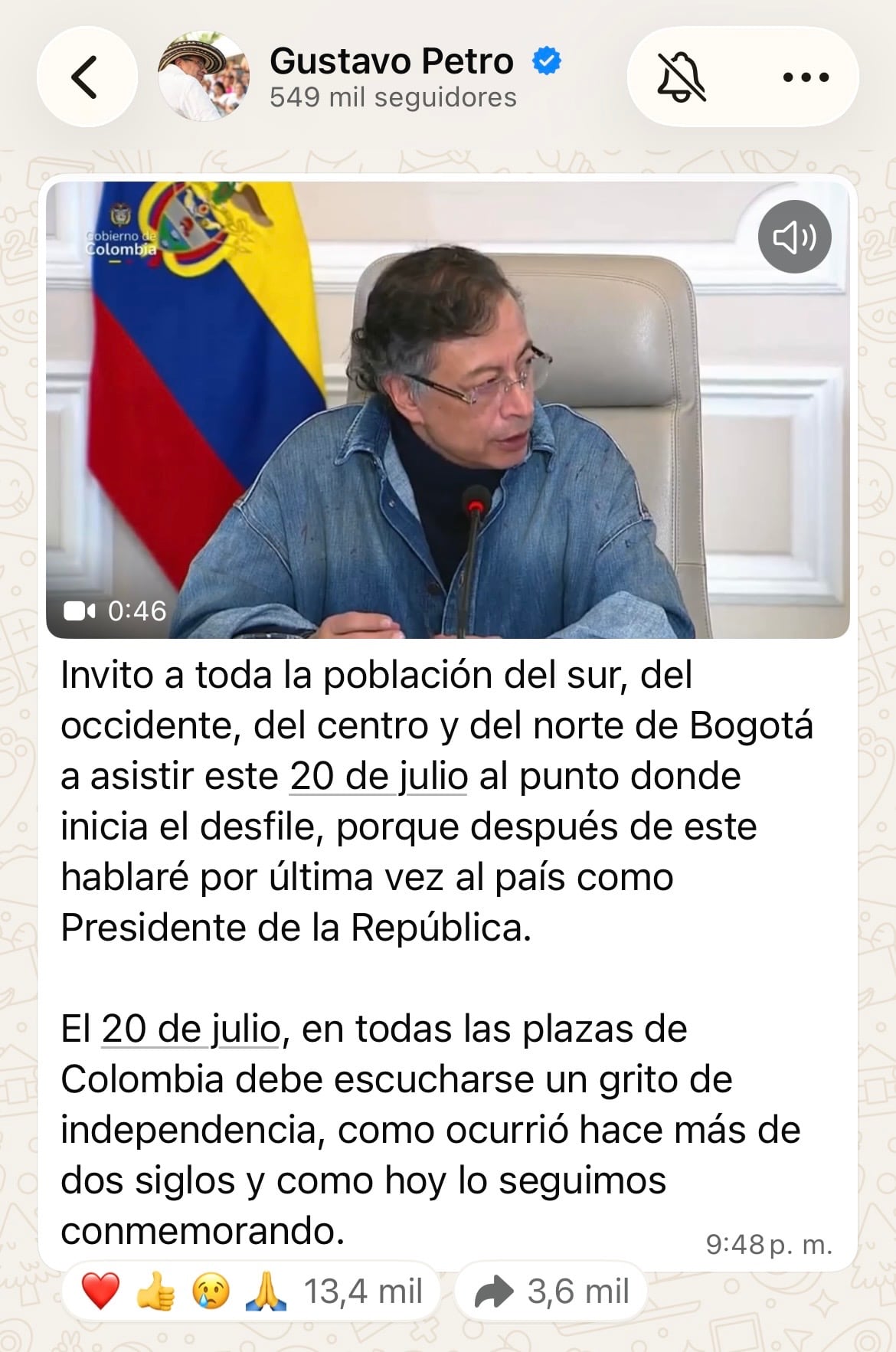 Publicación del presidente saliente Gustavo Petro en uno de sus canales de difusión.