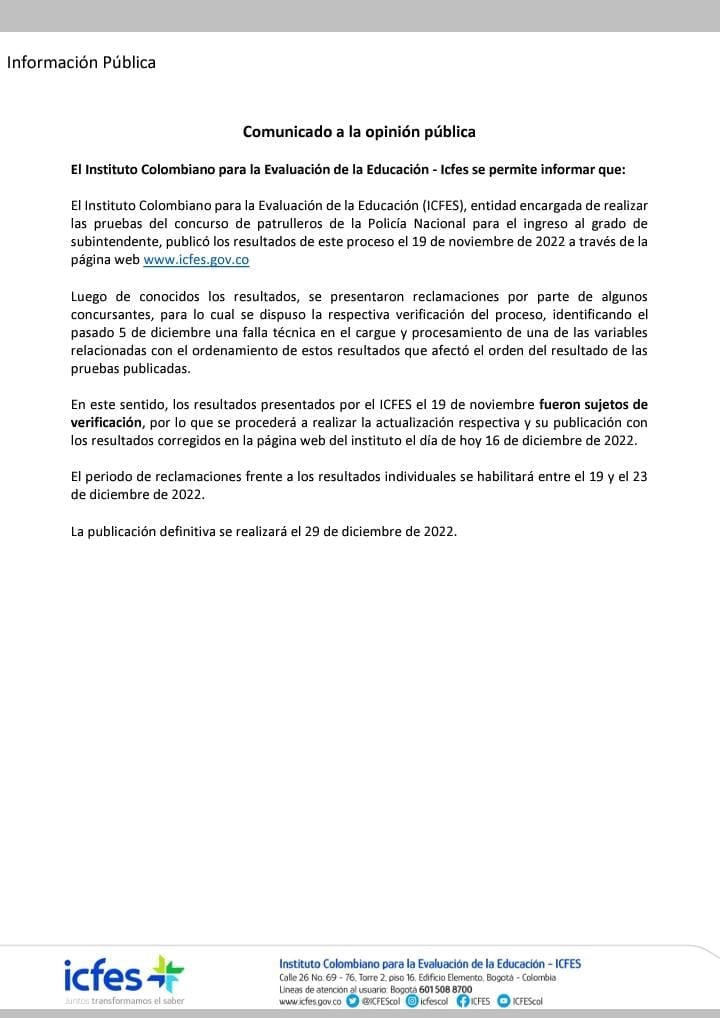Comunicado del Icfes reconociendo fallas en las pruebas realizadas a miles de patrulleros del país.