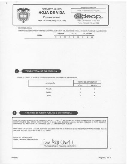 Formato de hoja de vida del Sideap, en el que consta que Juan Felipe Charry no relacionó experiencia para la firma del primer contrato con la Alcaldía local de Tunjuelito.