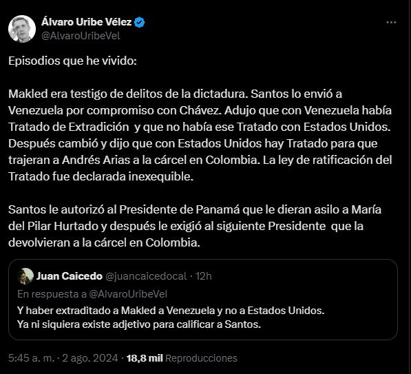 Publicación de Álvaro Uribe Vélez en X.