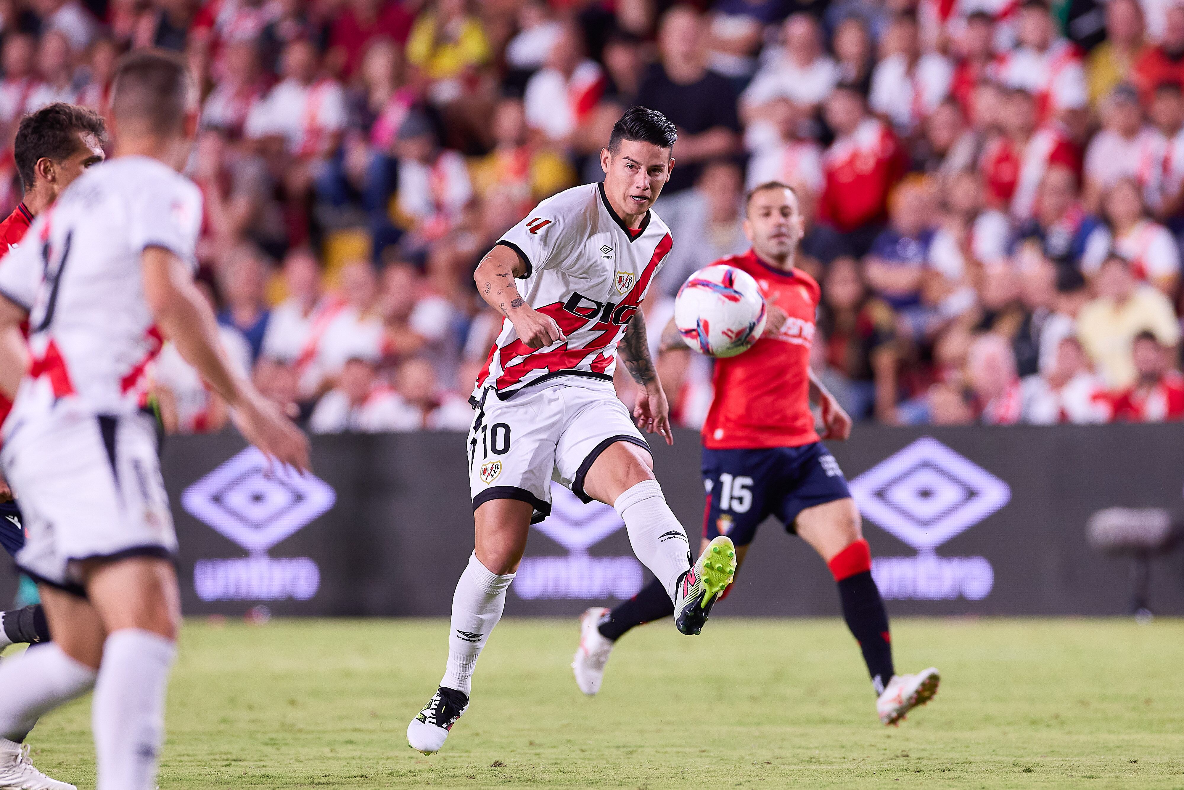 MADRID, SPAIN - 2024/09/16: James Rodriguez of Rayo Vallecano seen in action during the 2024/2025 La Liga EA Sports week 5 football match between Rayo Vallecano and CA Osasuna at Estadio de Vallecas. Final score: Rayo Vallecano 3:1 CA Osasuna. (Photo by Federico Titone/SOPA Images/LightRocket via Getty Images)