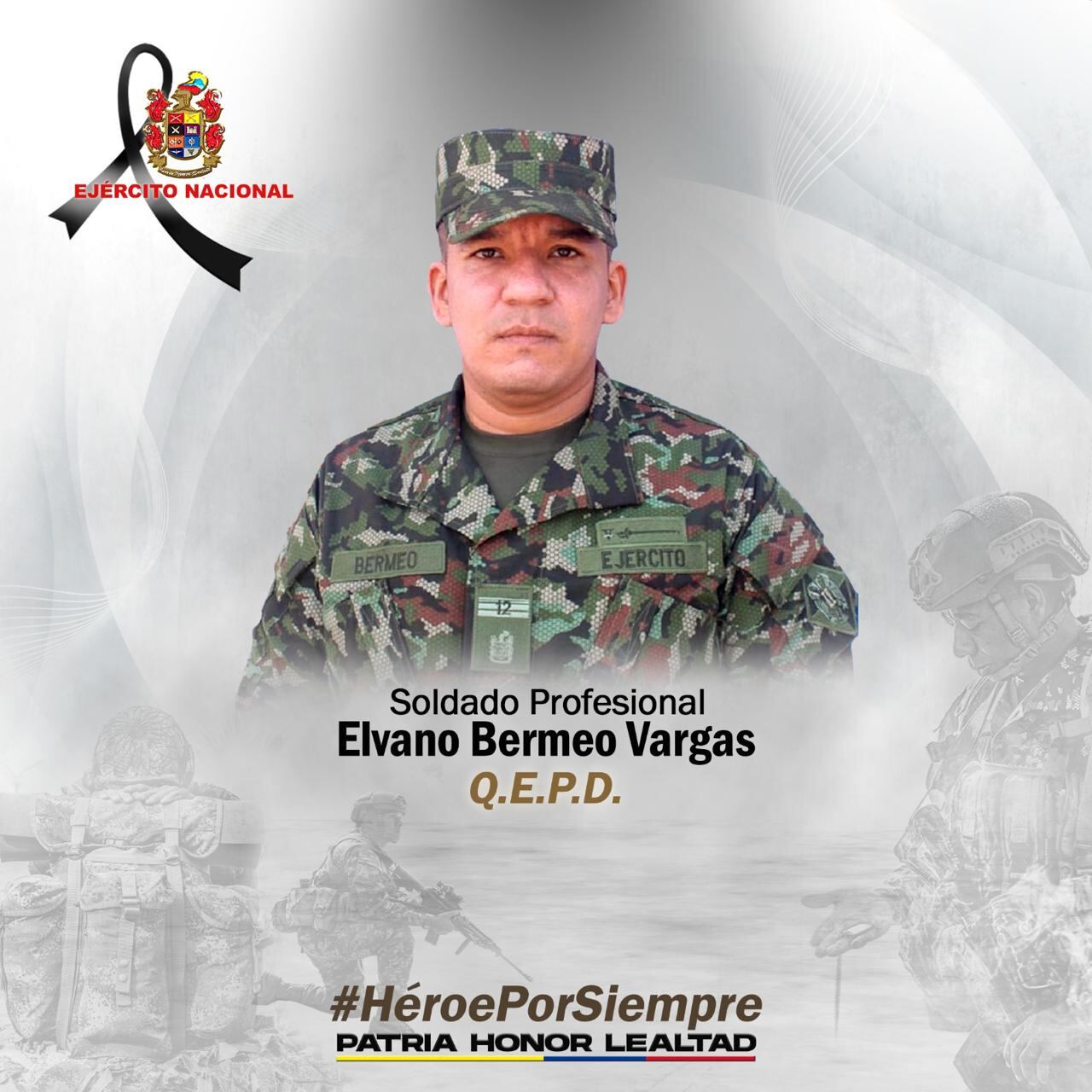 Fue asesinado por un francotirador el soldado profesional Elvano Bermeo Vargas, quien llevaba más de 10 años de servicio en la institución y era oriundo del departamento de Caquetá.