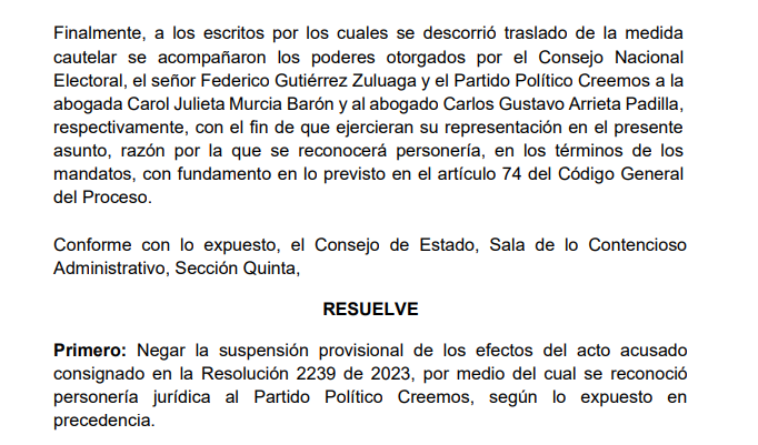 Decisión que quita la personería jurídica del partido Creemos del alcalde de Medellín, Federico Gutiérrez.