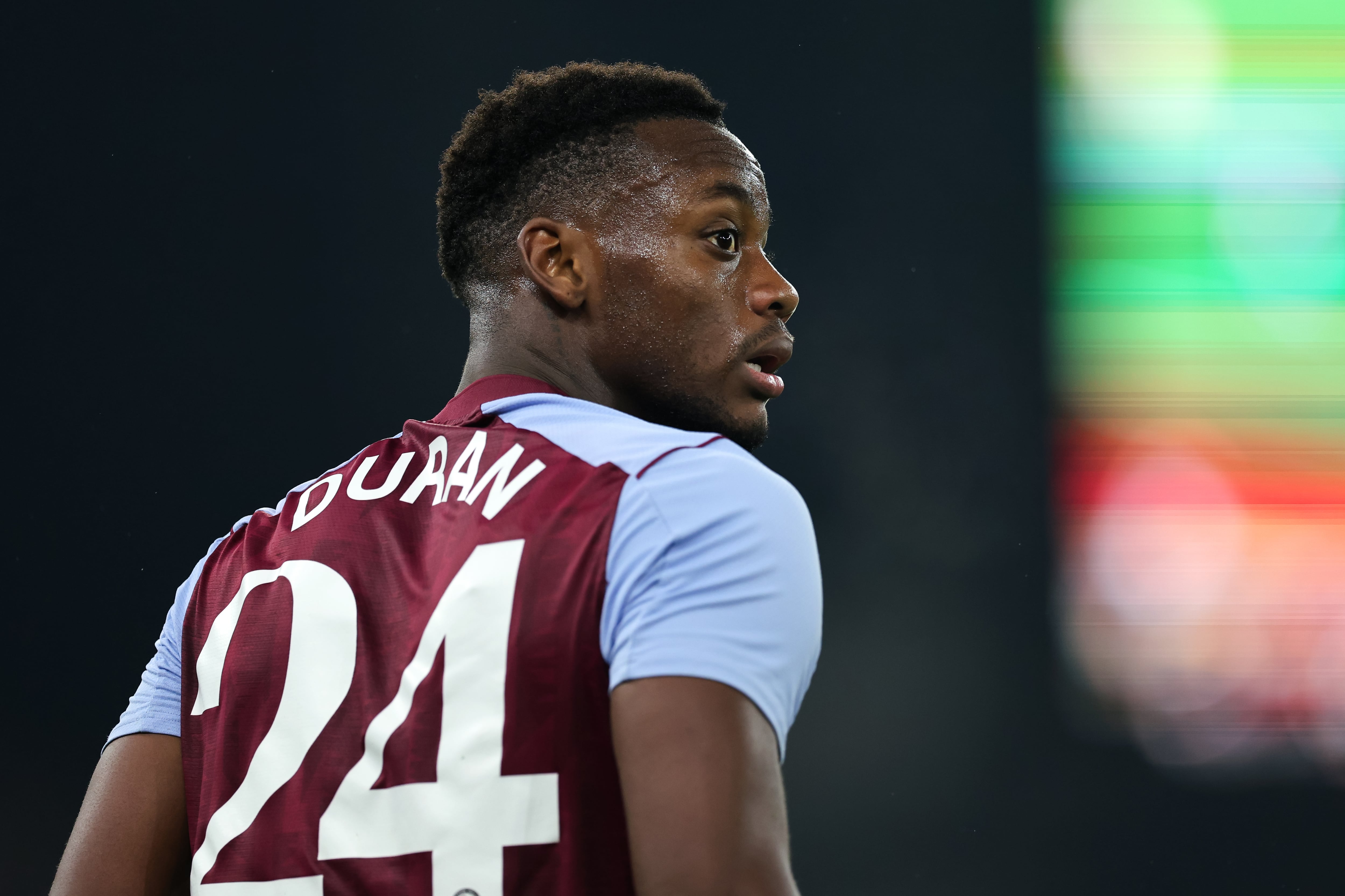 BIRMINGHAM, ENGLAND - AUGUST 31: Jhon Duran of Aston Villa during the UEFA Conference League Qualifying Play-Offs: Second Leg between Aston Villa v Hibernian  at Villa Park on August 31, 2023 in Birmingham, England. (Photo by Matthew Ashton - AMA/Getty Images)