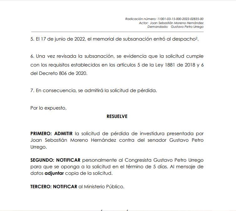 Consejo de Estado admitió una demanda de pérdida de investidura.