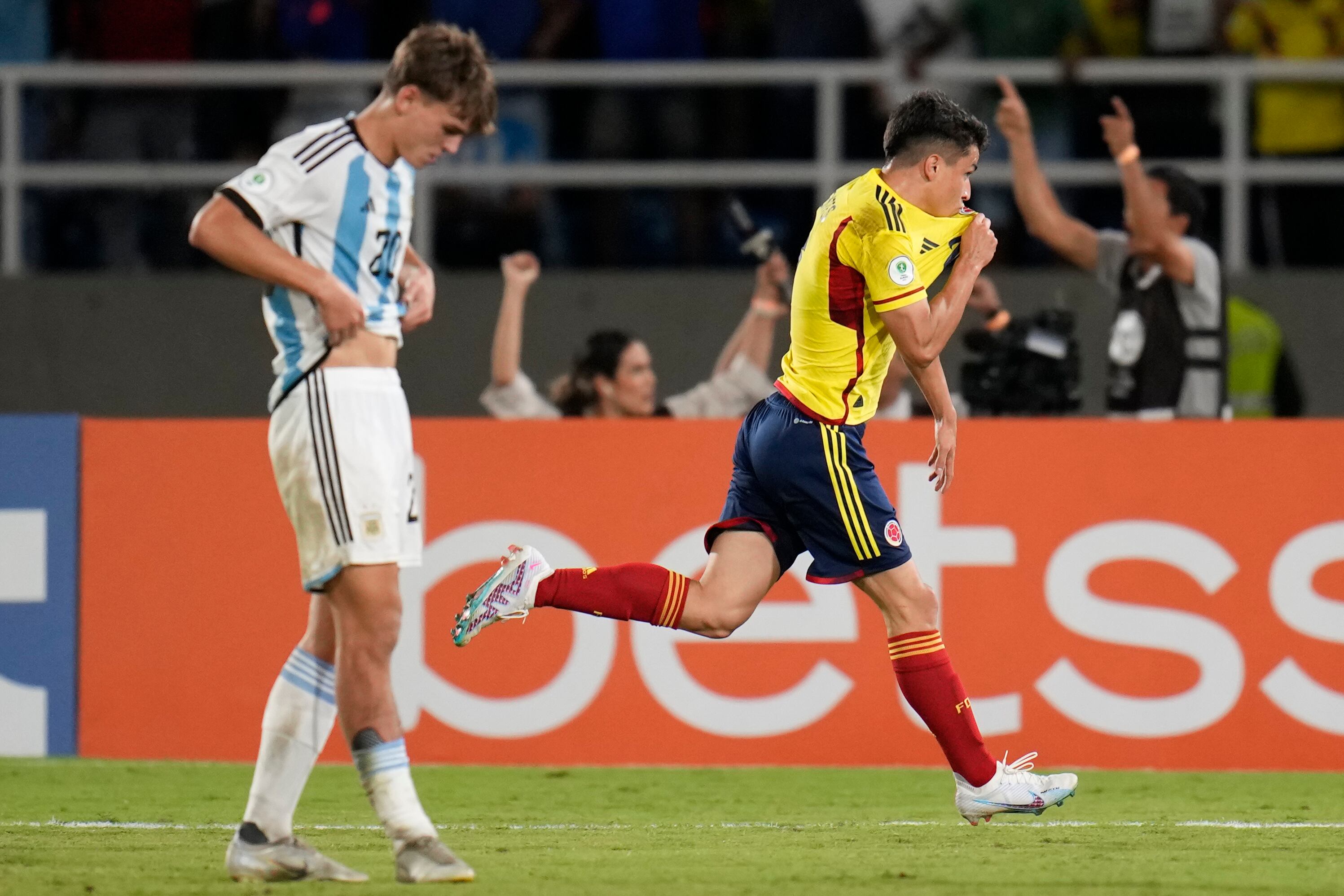 Colombia's Juan Fuentes celebrates scoring the opening goal against Argentina during a South America U-20 Championship soccer match in Cali, Colombia, Friday, Jan. 27, 2023. (AP Photo/Fernando Vergara)