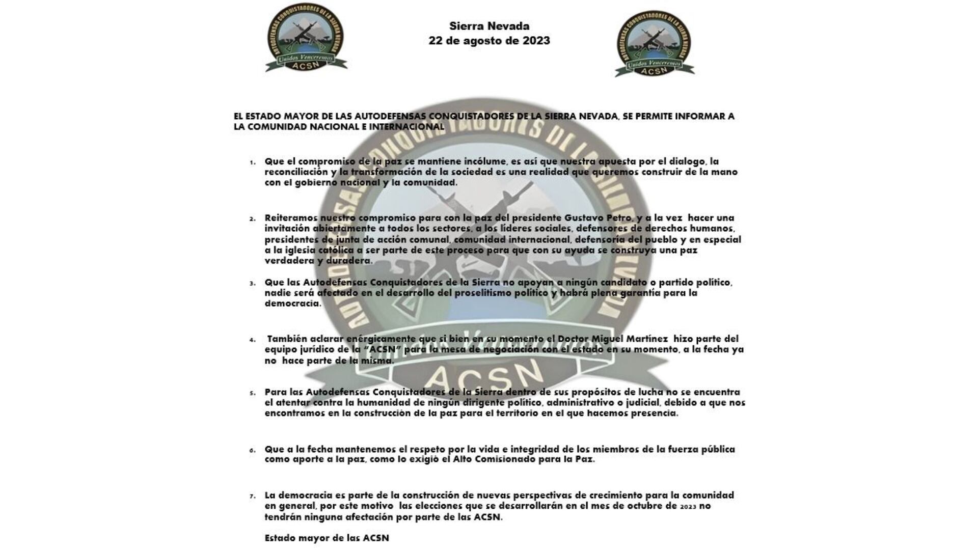 Comunicado de las Autodefensas Conquistadoras de la Sierra Nevada.