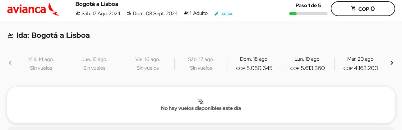 Ya no hay vuelos disponibles de Avianca a Lisboa para el 17 de agosto de 2024