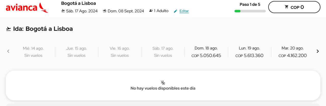 Ya no hay vuelos disponibles de Avianca a Lisboa para el 17 de agosto de 2024