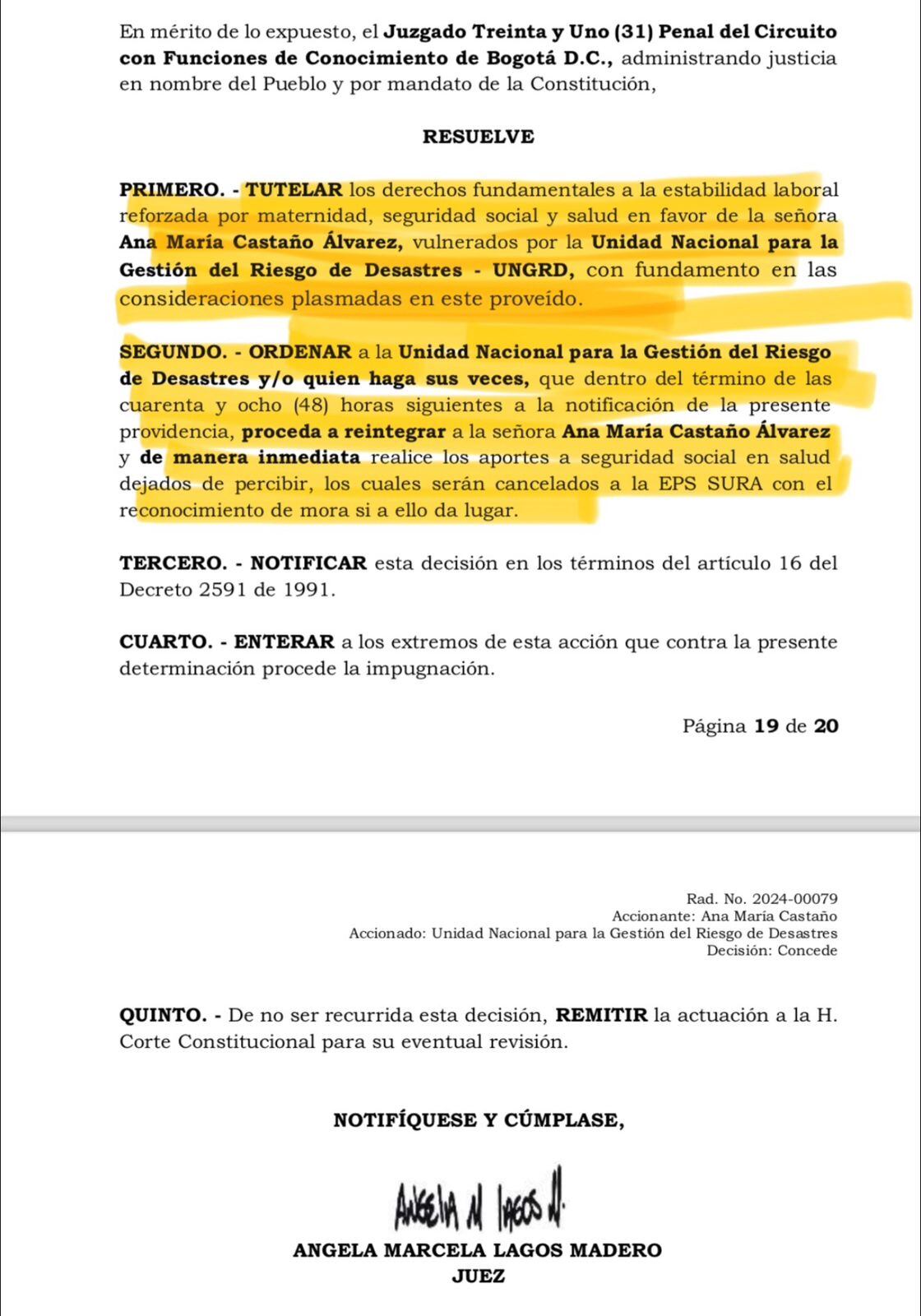 El fallo que reintegra a la UNGRD a Ana María Castaño.